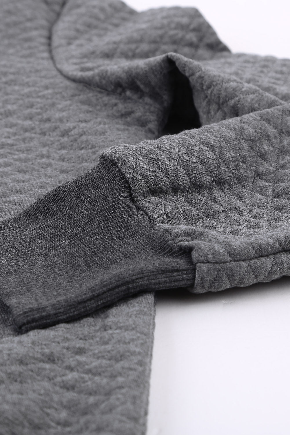 Women's Casual Dark Gray Quilted Snaps Stand Neck Sweatshirt featuring a stylish quilted design and fake front pocket.