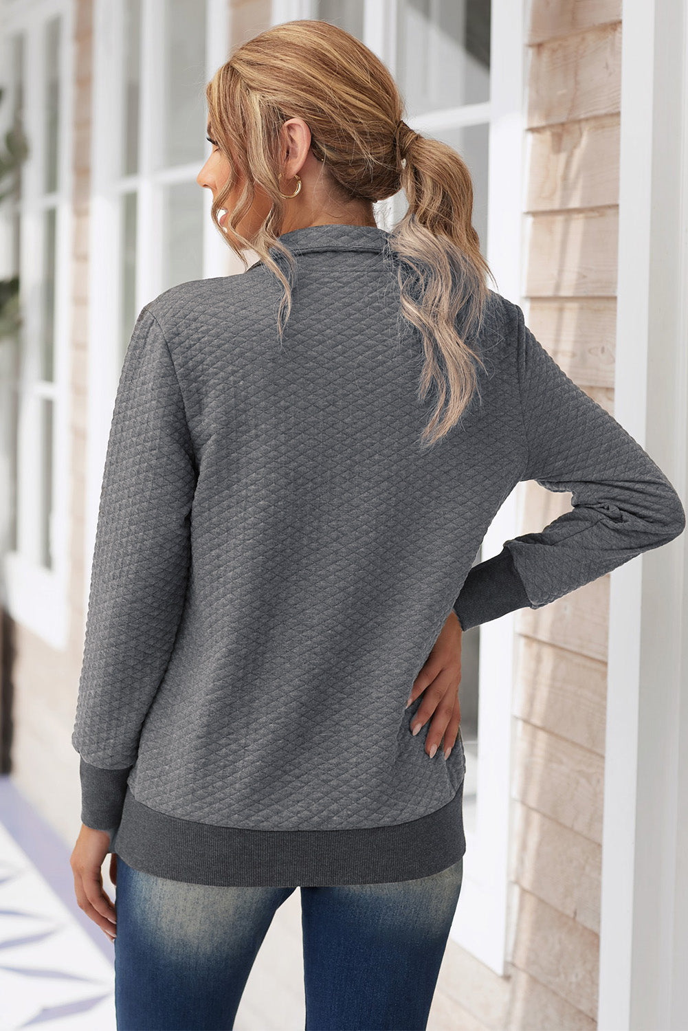 Women's Casual Dark Gray Quilted Snaps Stand Neck Sweatshirt featuring a stylish quilted design and fake front pocket.