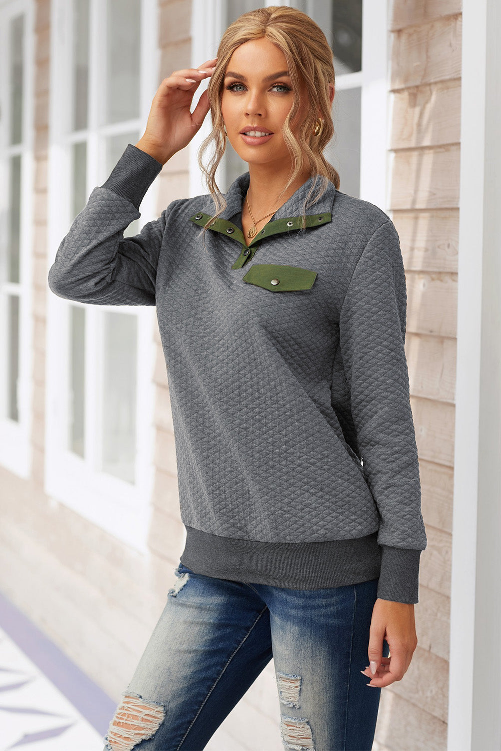 Women's Casual Dark Gray Quilted Snaps Stand Neck Sweatshirt featuring a stylish quilted design and fake front pocket.