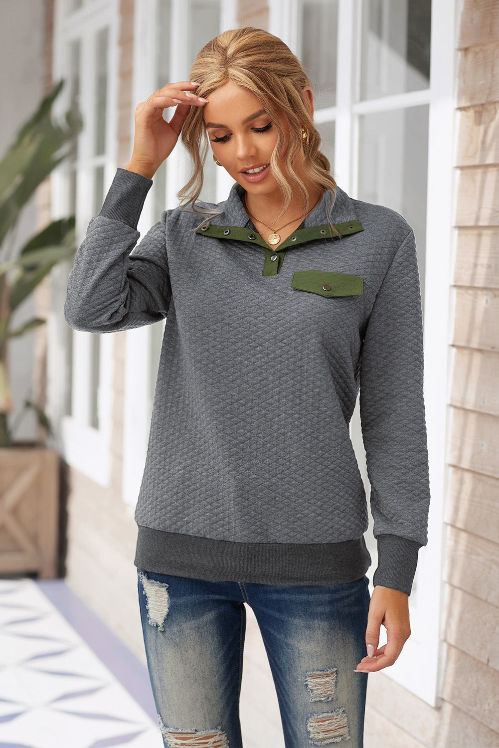 Women's Casual Dark Gray Quilted Snaps Stand Neck Sweatshirt featuring a stylish quilted design and fake front pocket.