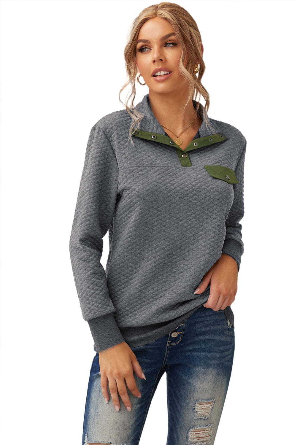 Women's Casual Dark Gray Quilted Snaps Stand Neck Sweatshirt featuring a stylish quilted design and fake front pocket.