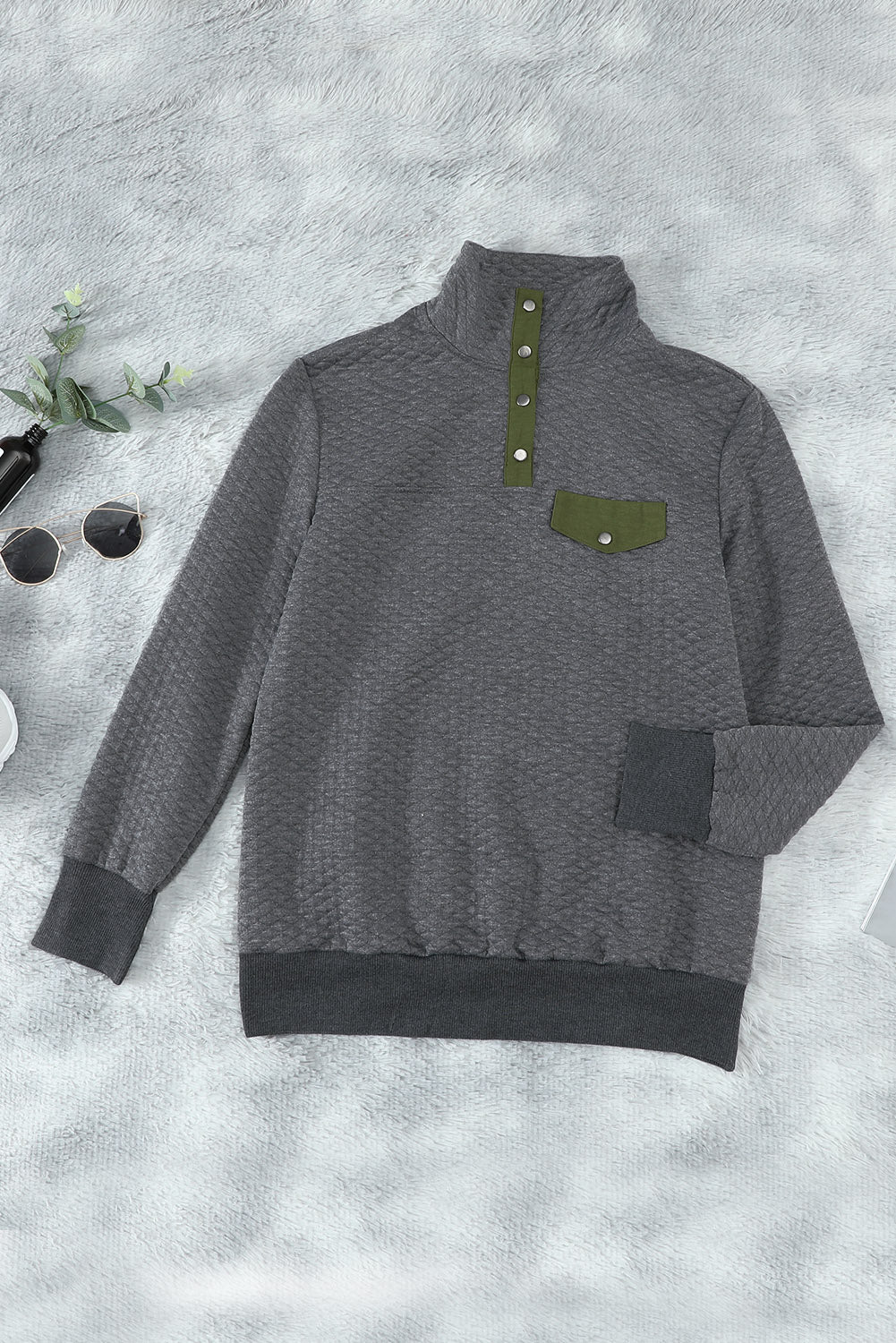 Women's Casual Dark Gray Quilted Snaps Stand Neck Sweatshirt featuring a stylish quilted design and fake front pocket.