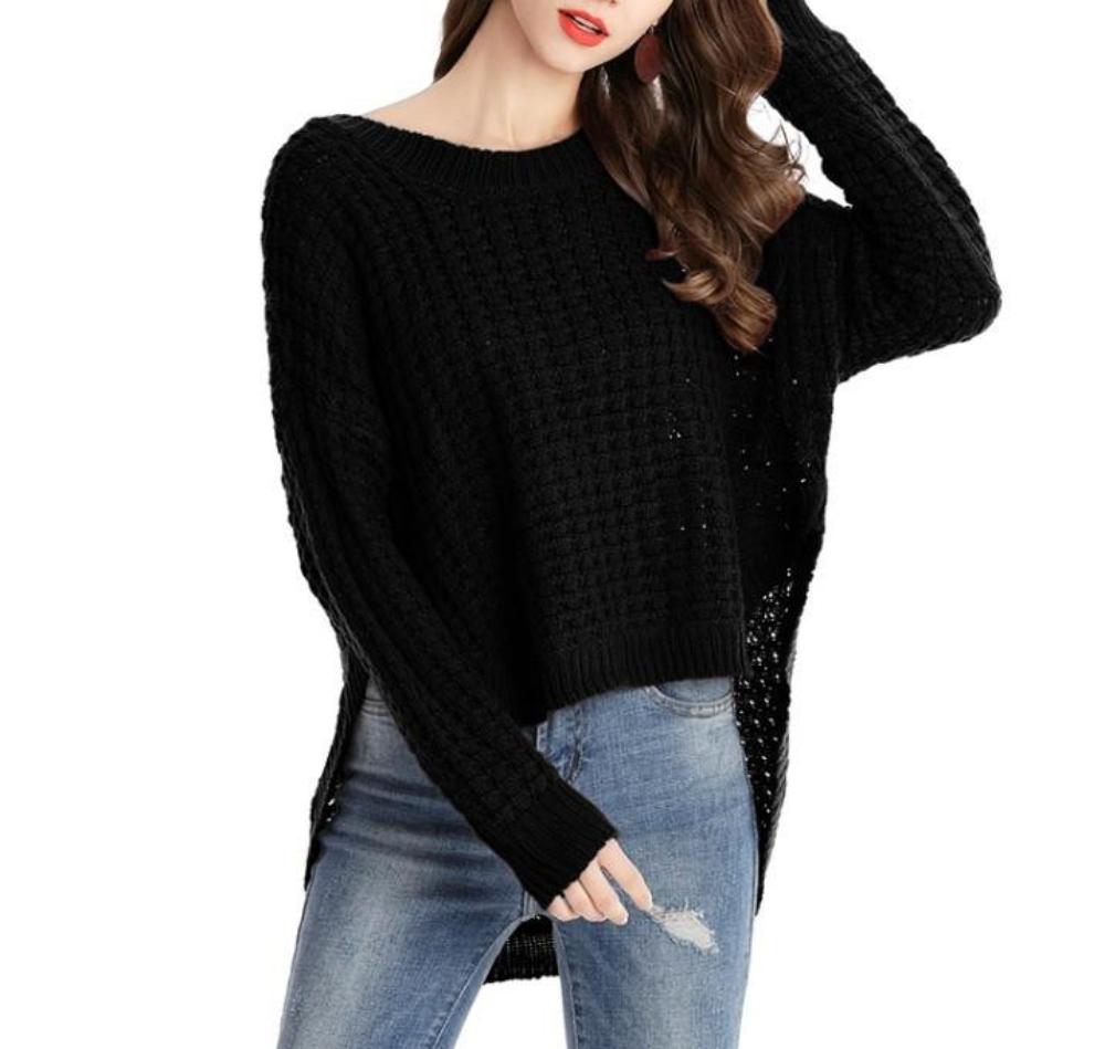 A stylish Womens Crewneck Uneven Sweater in red, featuring a trendy uneven hemline and a comfortable fit, perfect for casual wear.