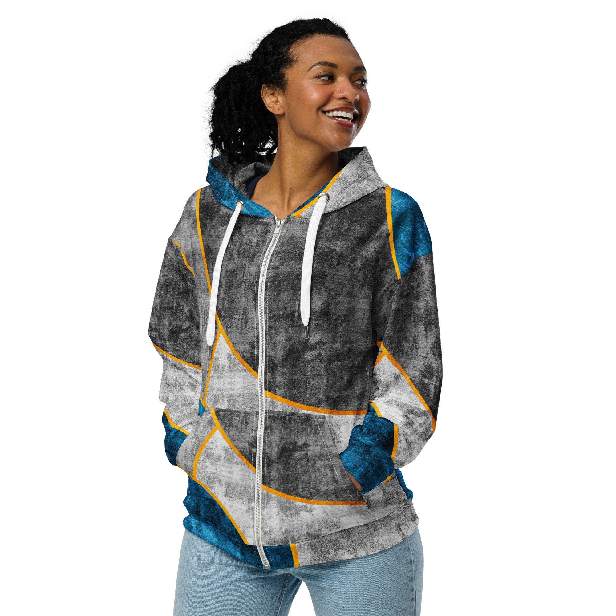 Womens Graphic Zip Hoodie in Blue Grey, featuring a soft fabric, double-lined hood, and stylish design elements.