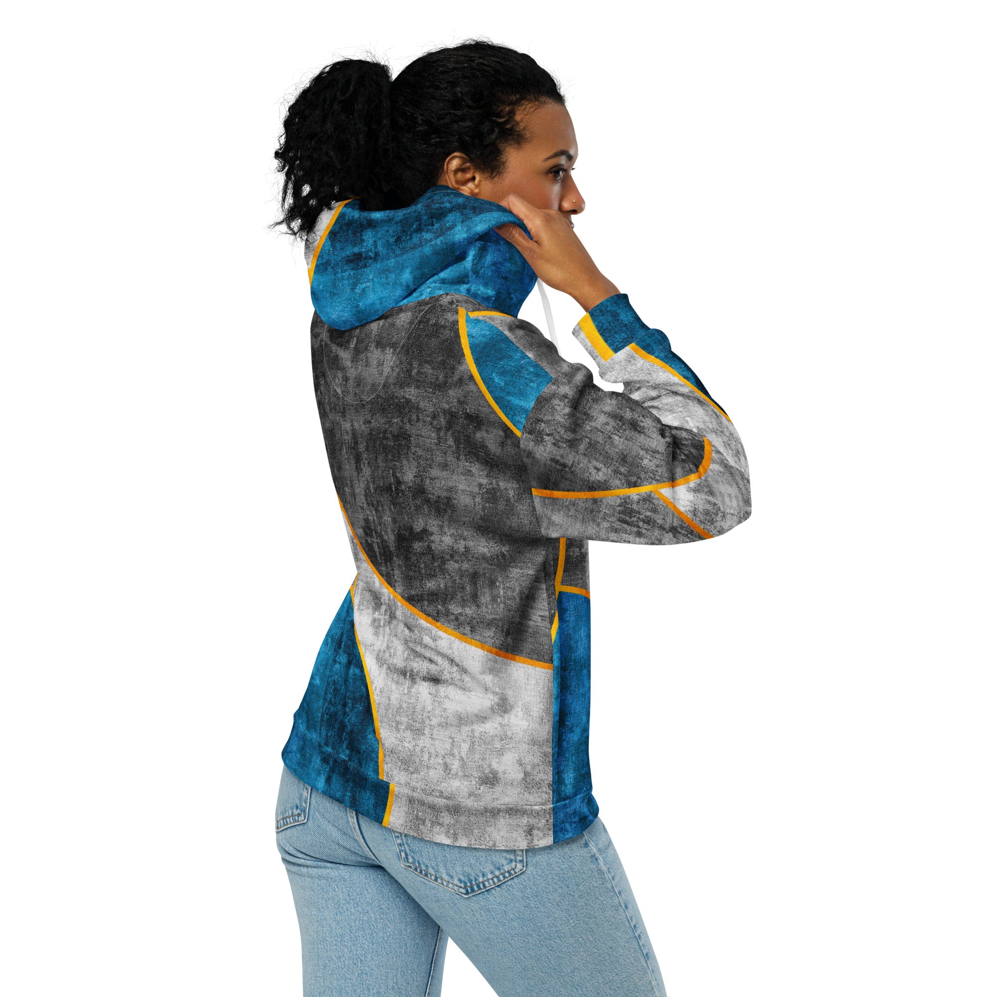 Womens Graphic Zip Hoodie in Blue Grey, featuring a soft fabric, double-lined hood, and stylish design elements.