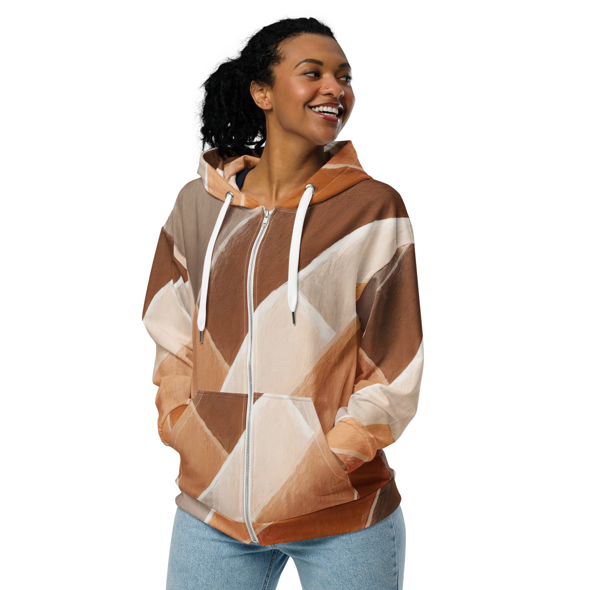 Womens Graphic Zip Hoodie in Brown Rustic Watercolors Print, showcasing a stylish design with a double-lined hood and relaxed fit.