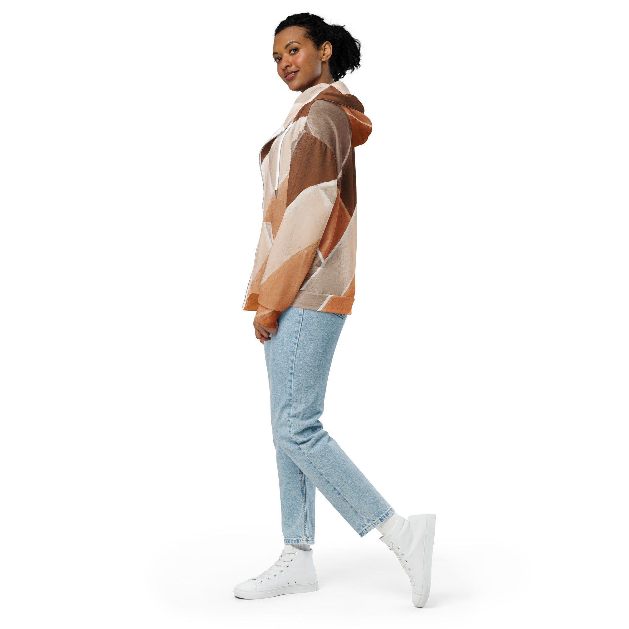 Womens Graphic Zip Hoodie in Brown Rustic Watercolors Print, showcasing a stylish design with a double-lined hood and relaxed fit.