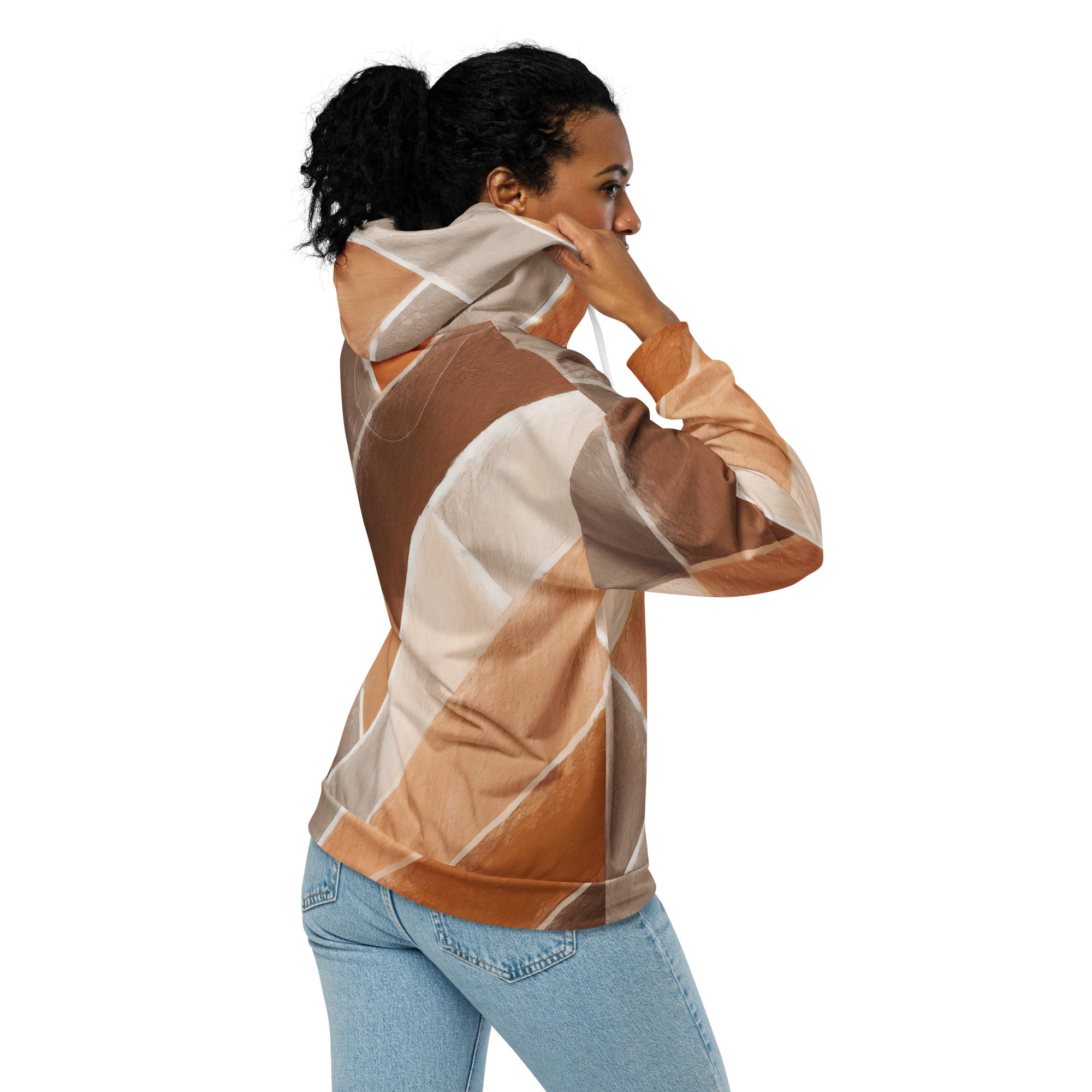 Womens Graphic Zip Hoodie in Brown Rustic Watercolors Print, showcasing a stylish design with a double-lined hood and relaxed fit.