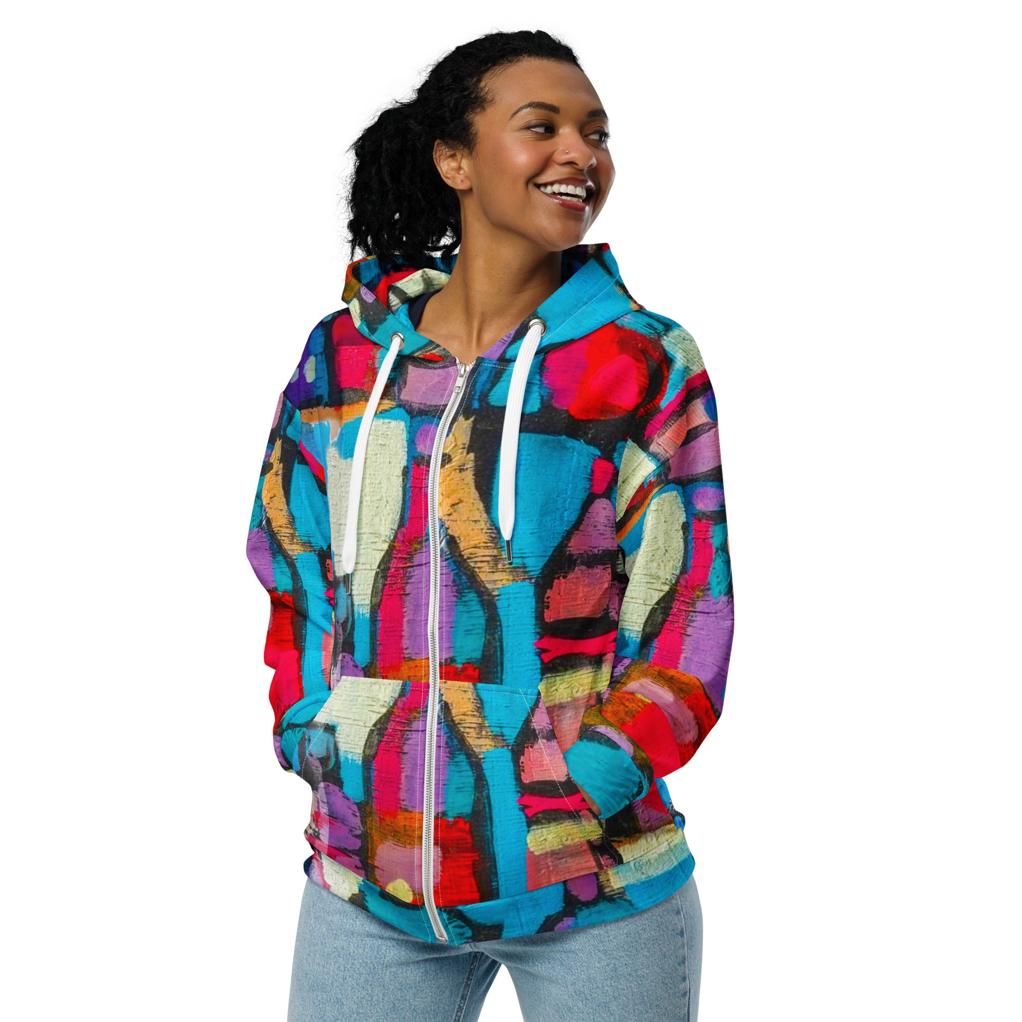 Womens Graphic Zip Hoodie Sutileza in red with multicolor abstract print, featuring a relaxed fit and double-lined hood.