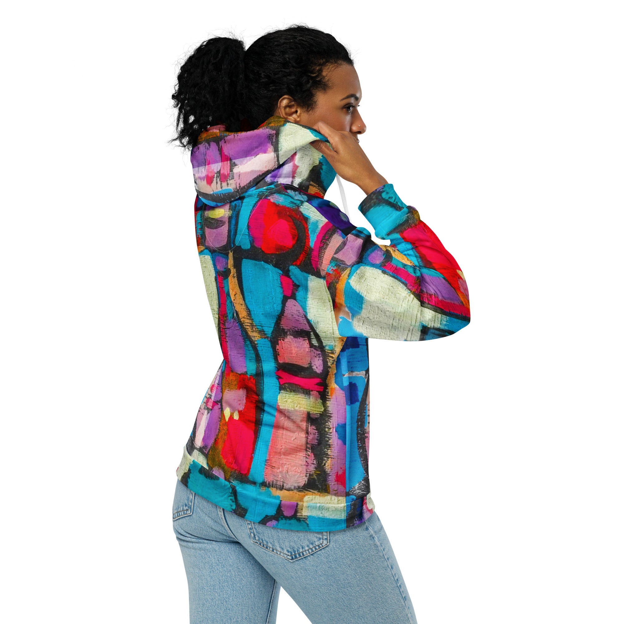 Womens Graphic Zip Hoodie Sutileza in red with multicolor abstract print, featuring a relaxed fit and double-lined hood.