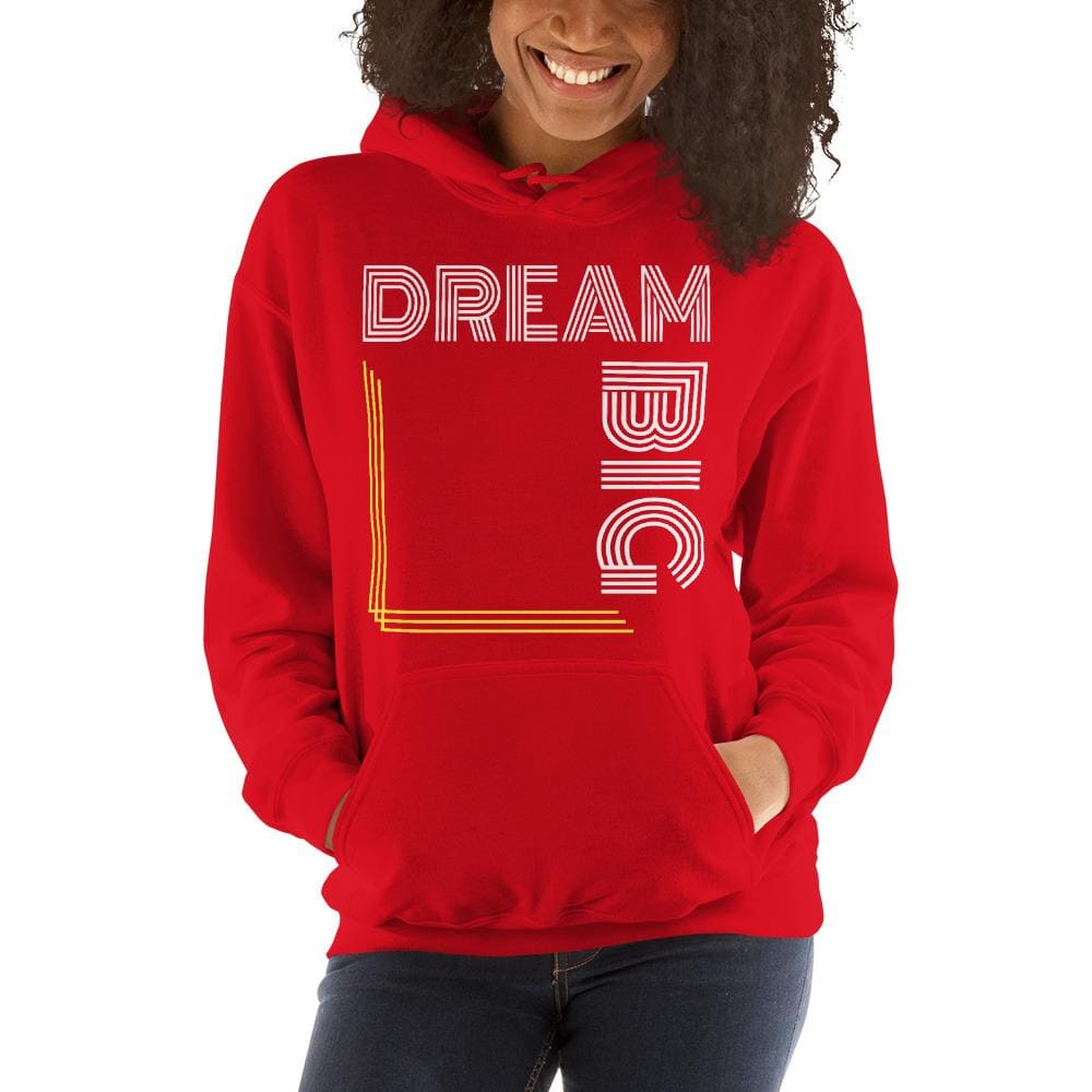 Women's pullover hoodie sweatshirt in soft fabric with a 'Dream Big' graphic, featuring a double-lined hood and front pouch pocket.