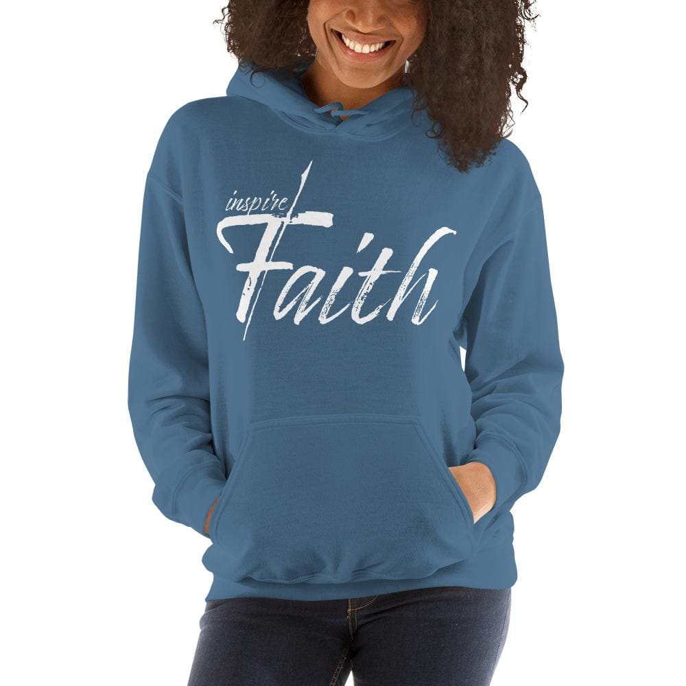 Women's pullover hoodie featuring a graphic design that inspires faith, made from soft cotton-polyester blend with a double-lined hood.