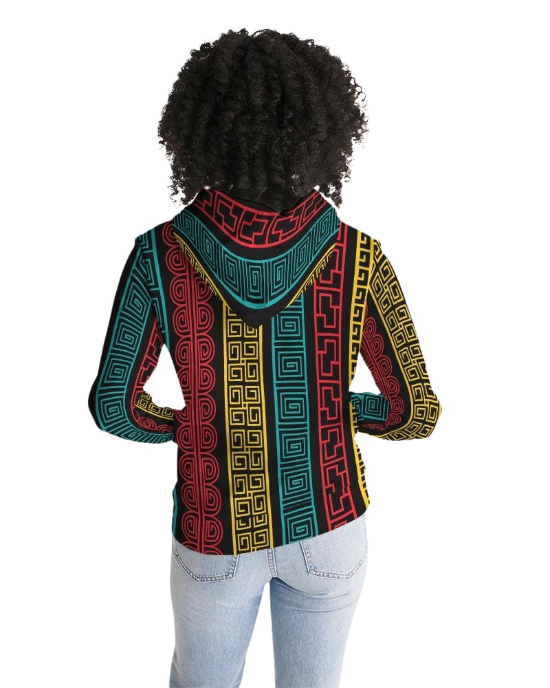 A vibrant women's pullover hoodie featuring a colorful geometric graphic design, showcasing its adjustable drawstring hood and front pocket.