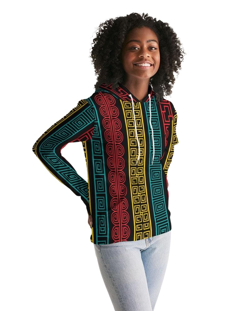 A vibrant women's pullover hoodie featuring a colorful geometric graphic design, showcasing its adjustable drawstring hood and front pocket.