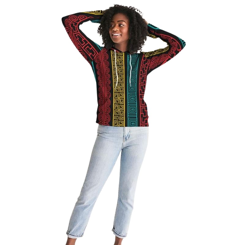 A vibrant women's pullover hoodie featuring a colorful geometric graphic design, showcasing its adjustable drawstring hood and front pocket.
