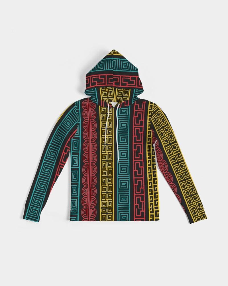 A vibrant women's pullover hoodie featuring a colorful geometric graphic design, showcasing its adjustable drawstring hood and front pocket.