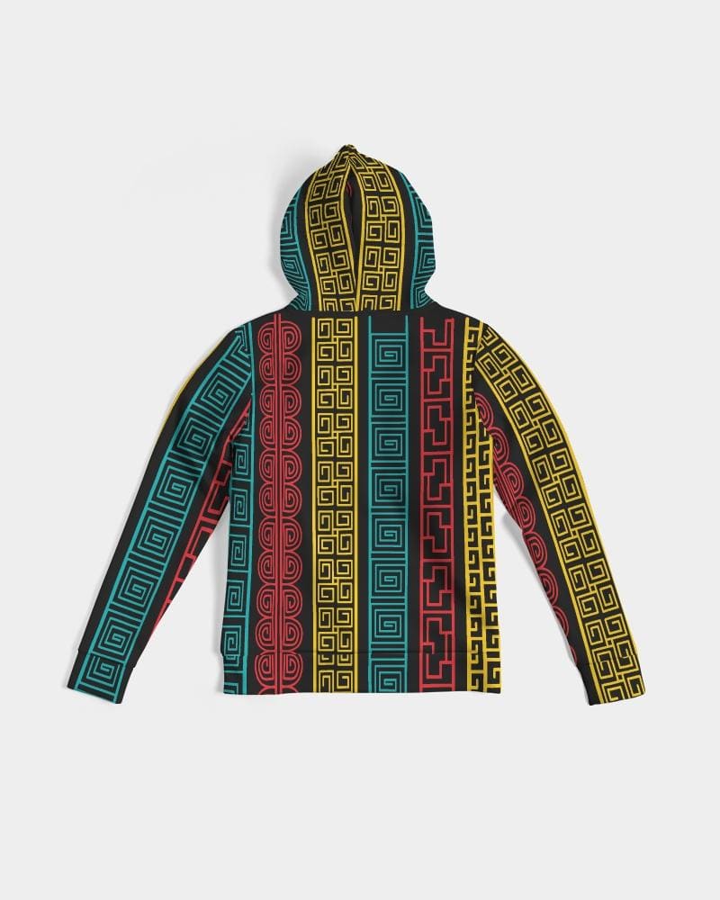 A vibrant women's pullover hoodie featuring a colorful geometric graphic design, showcasing its adjustable drawstring hood and front pocket.