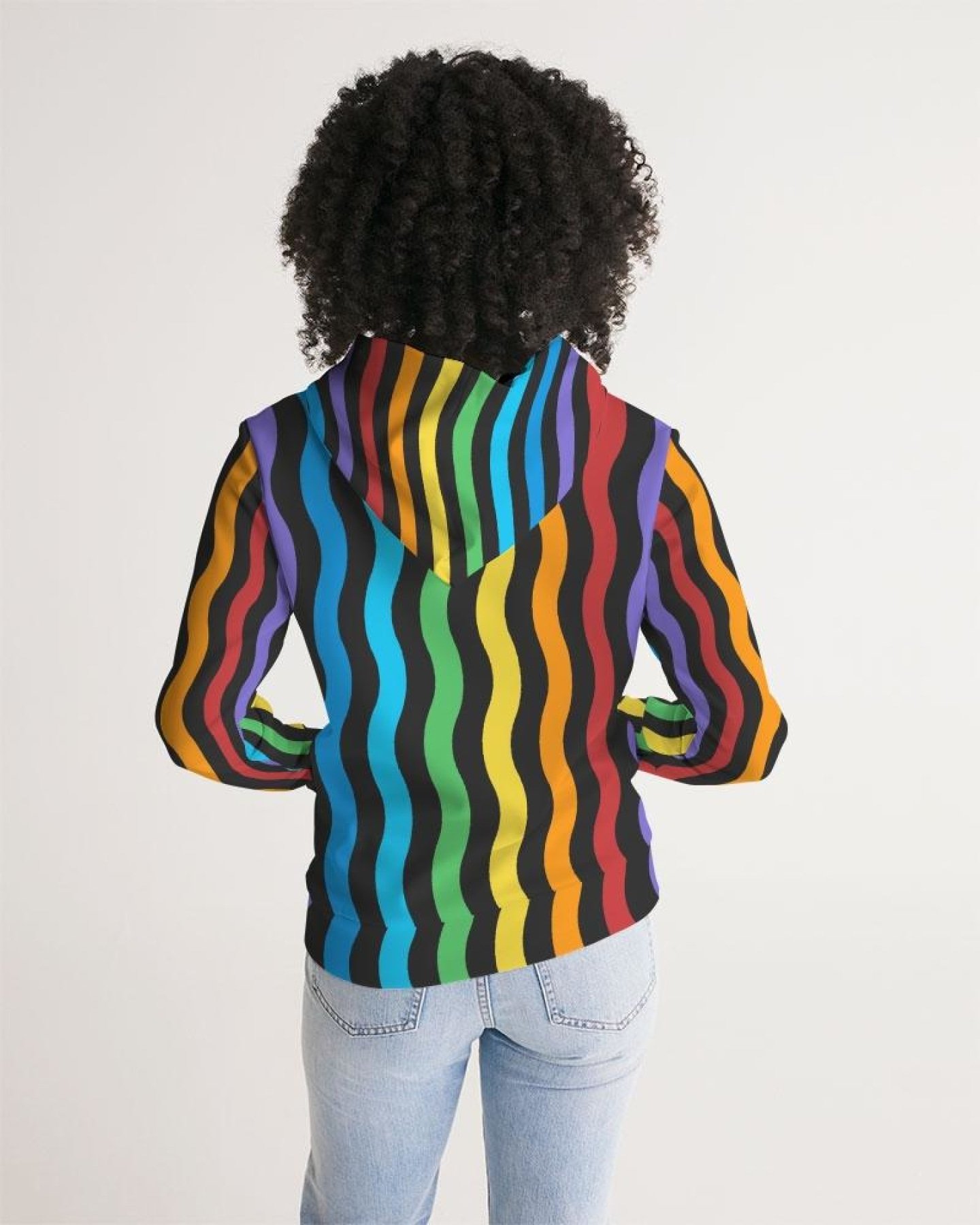 A stylish women's pullover hoodie featuring vibrant graphic rainbow stripes, designed for comfort and casual wear.