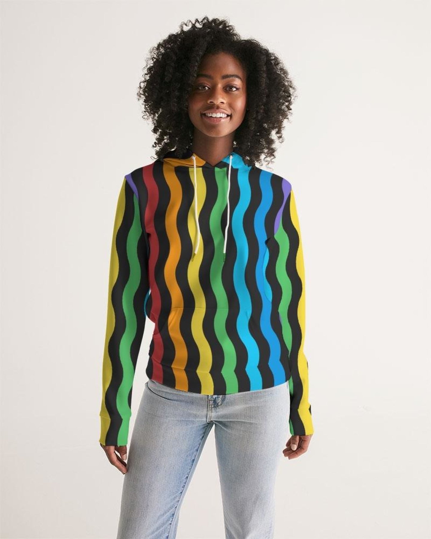 A stylish women's pullover hoodie featuring vibrant graphic rainbow stripes, designed for comfort and casual wear.