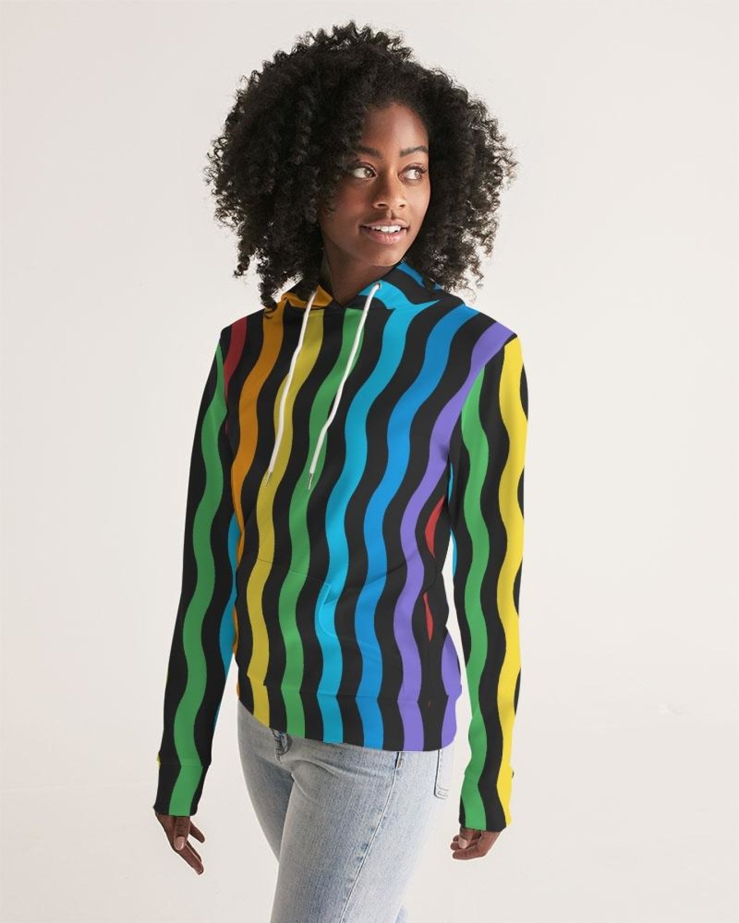 A stylish women's pullover hoodie featuring vibrant graphic rainbow stripes, designed for comfort and casual wear.