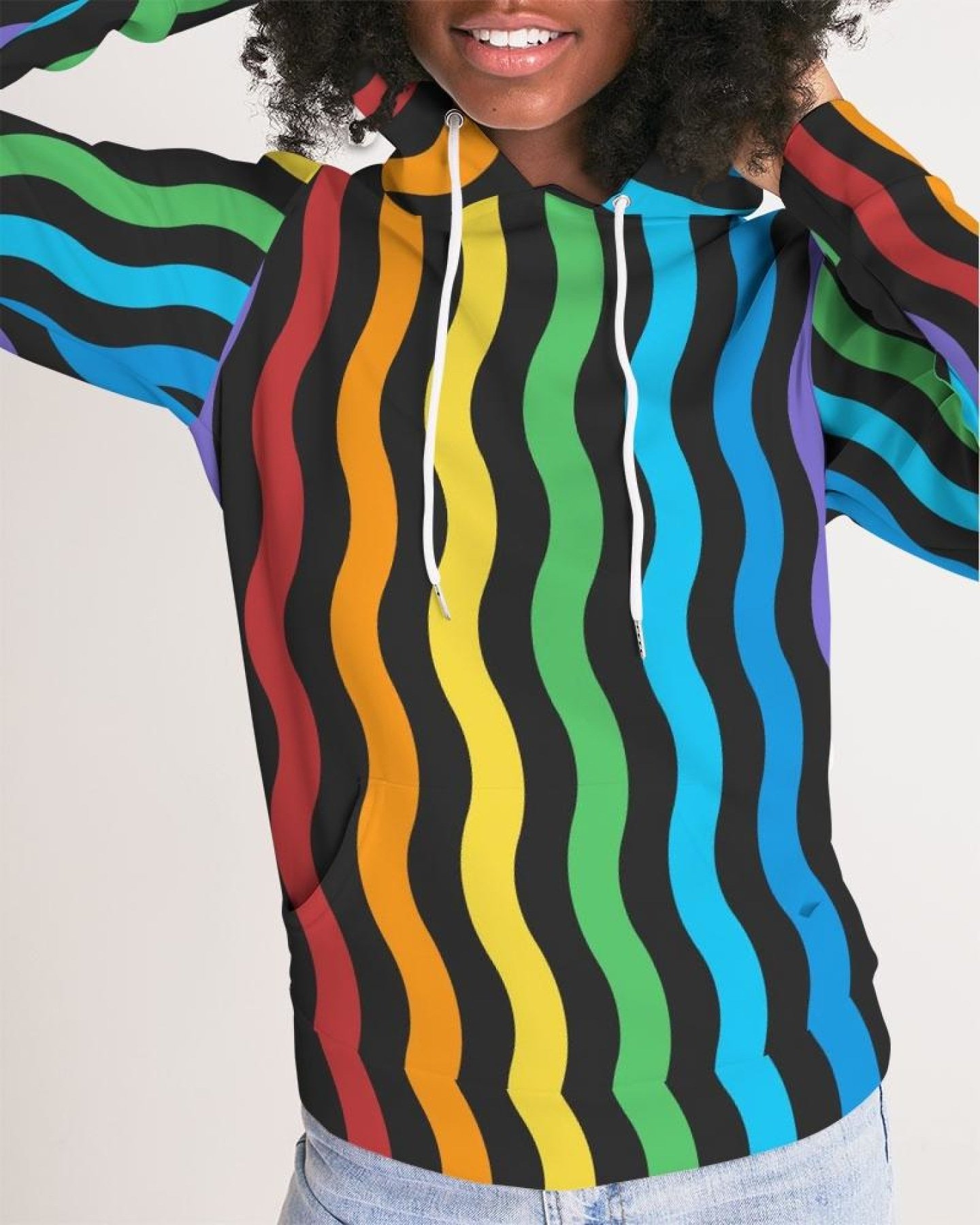 A stylish women's pullover hoodie featuring vibrant graphic rainbow stripes, designed for comfort and casual wear.