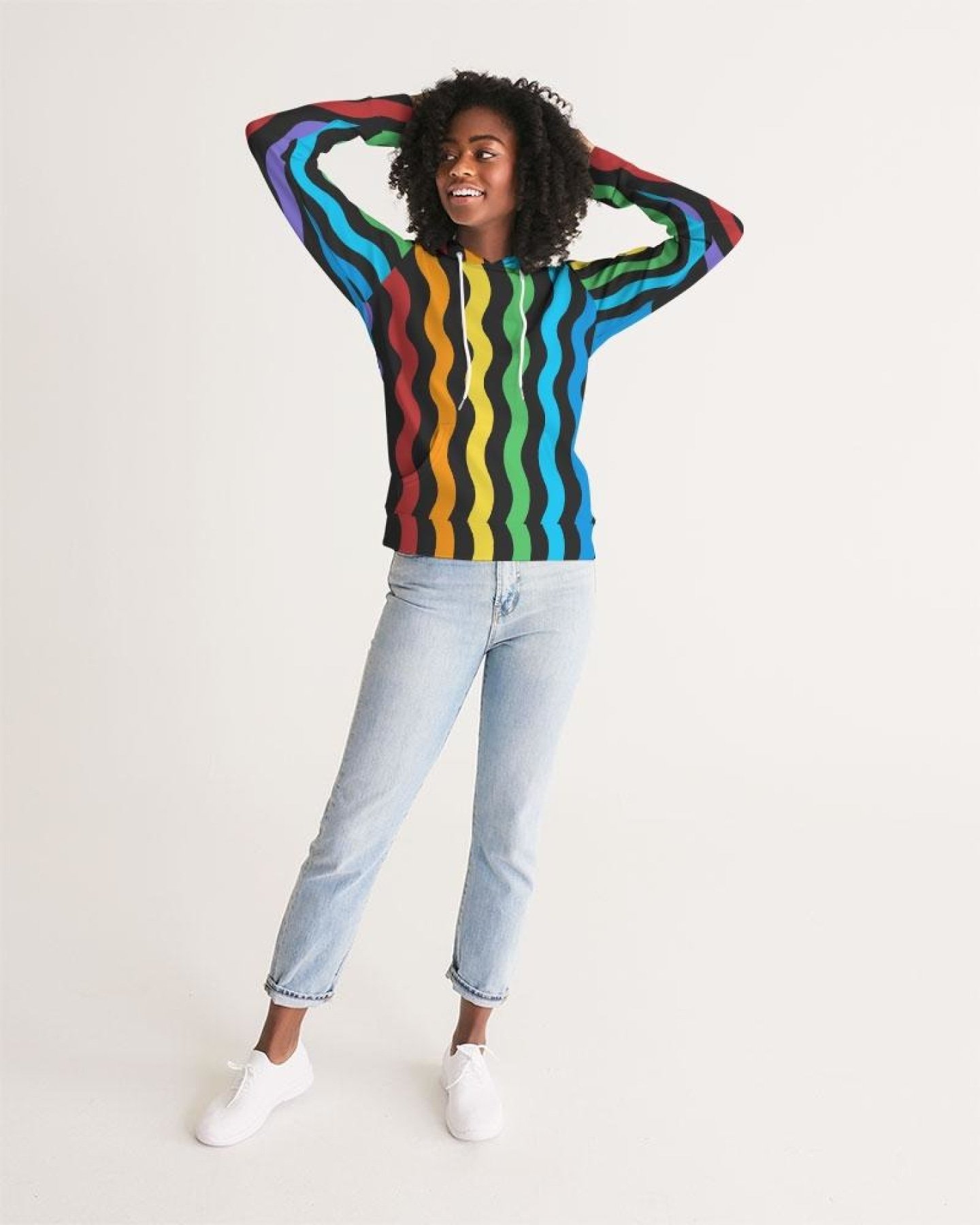 A stylish women's pullover hoodie featuring vibrant graphic rainbow stripes, designed for comfort and casual wear.