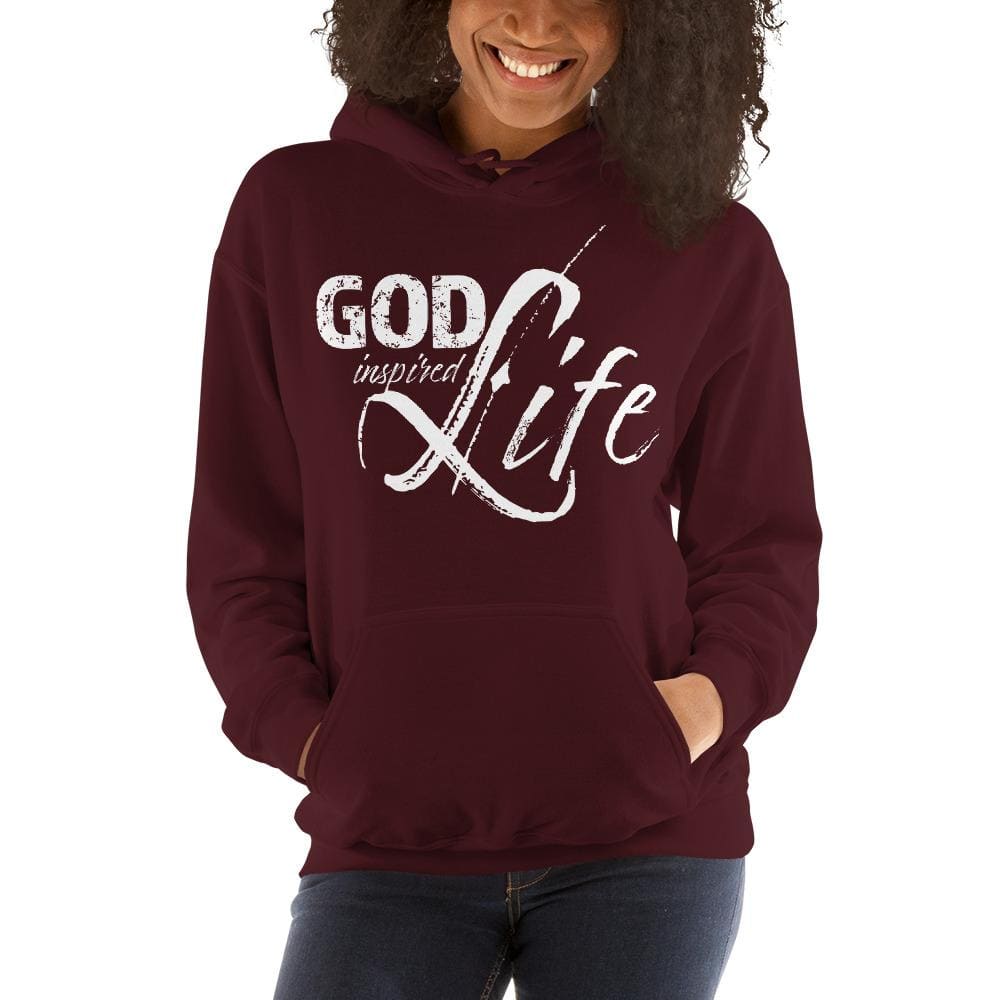 A cozy white women's pullover hoodie with a double-lined hood and front pouch pocket, featuring the text 'God Inspired Life'.