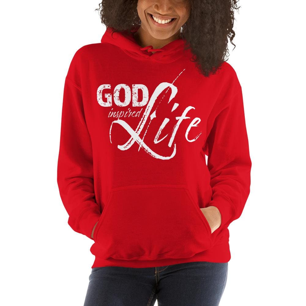 A cozy white women's pullover hoodie with a double-lined hood and front pouch pocket, featuring the text 'God Inspired Life'.