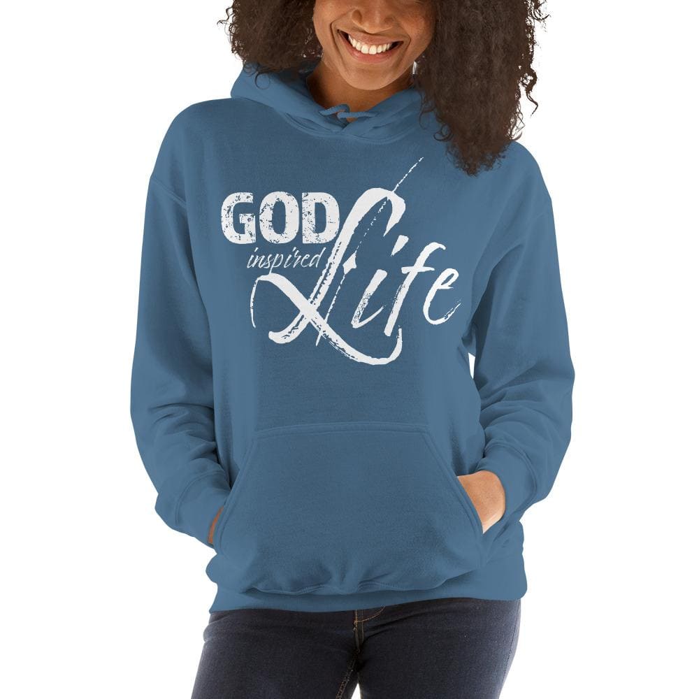 A cozy white women's pullover hoodie with a double-lined hood and front pouch pocket, featuring the text 'God Inspired Life'.