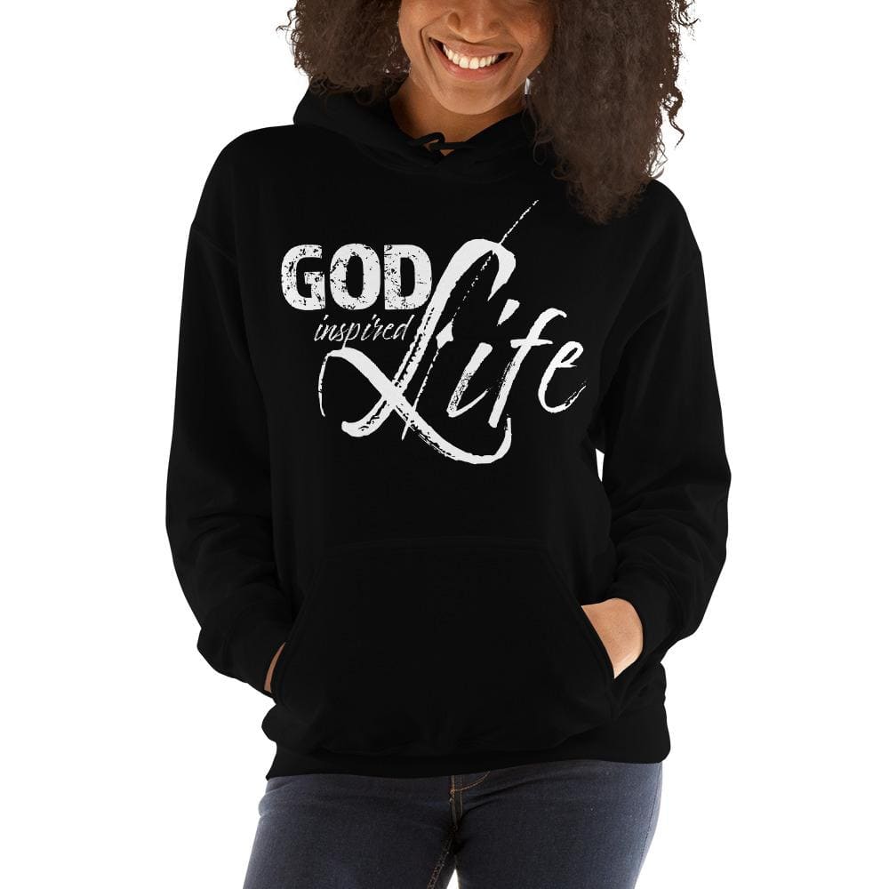 A cozy white women's pullover hoodie with a double-lined hood and front pouch pocket, featuring the text 'God Inspired Life'.