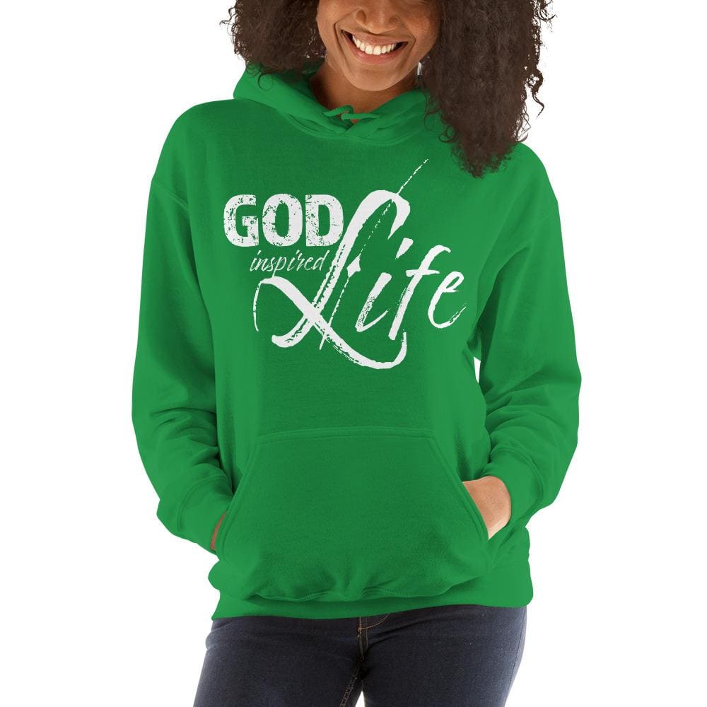 A cozy white women's pullover hoodie with a double-lined hood and front pouch pocket, featuring the text 'God Inspired Life'.