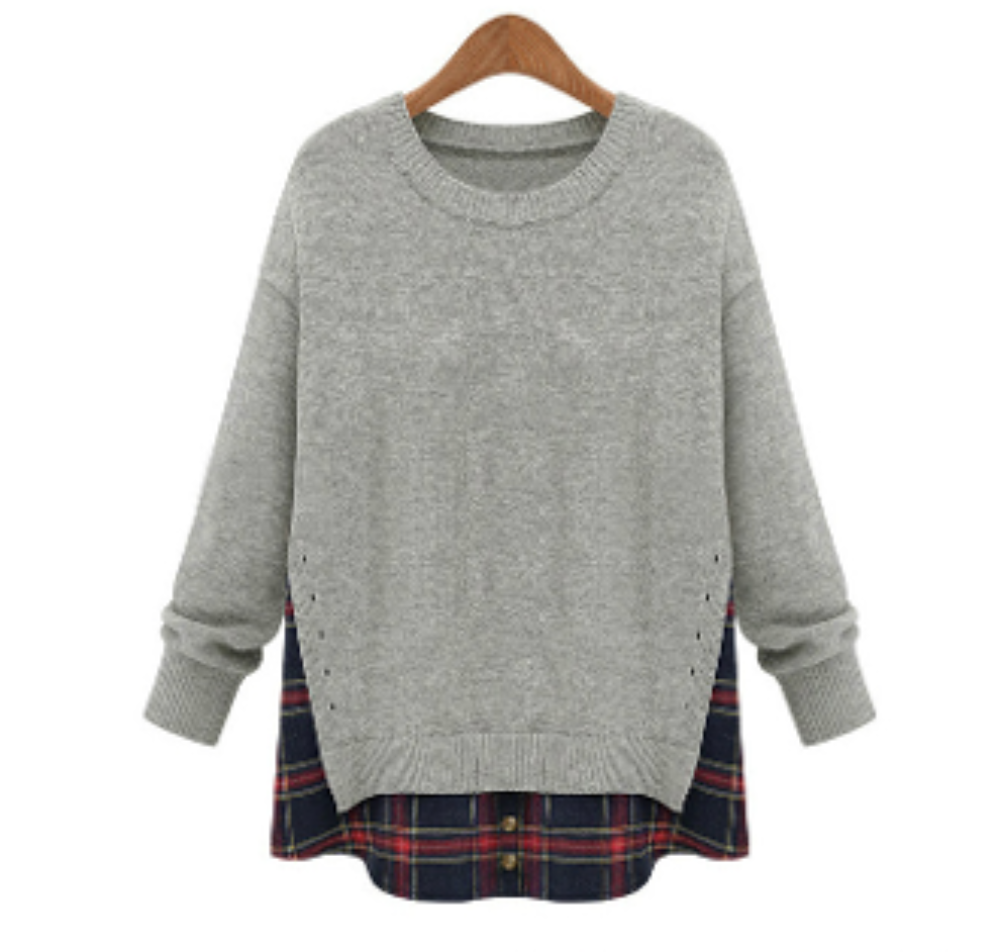 Women's Layered Sweatshirt featuring a stylish plaid back and comfortable cotton blend material in dark gray and light gray colors.