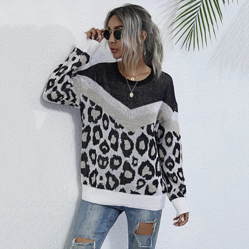 Womens Leopard Print Round Neck Sweater in gray, showcasing a stylish leopard print design and comfortable fit.
