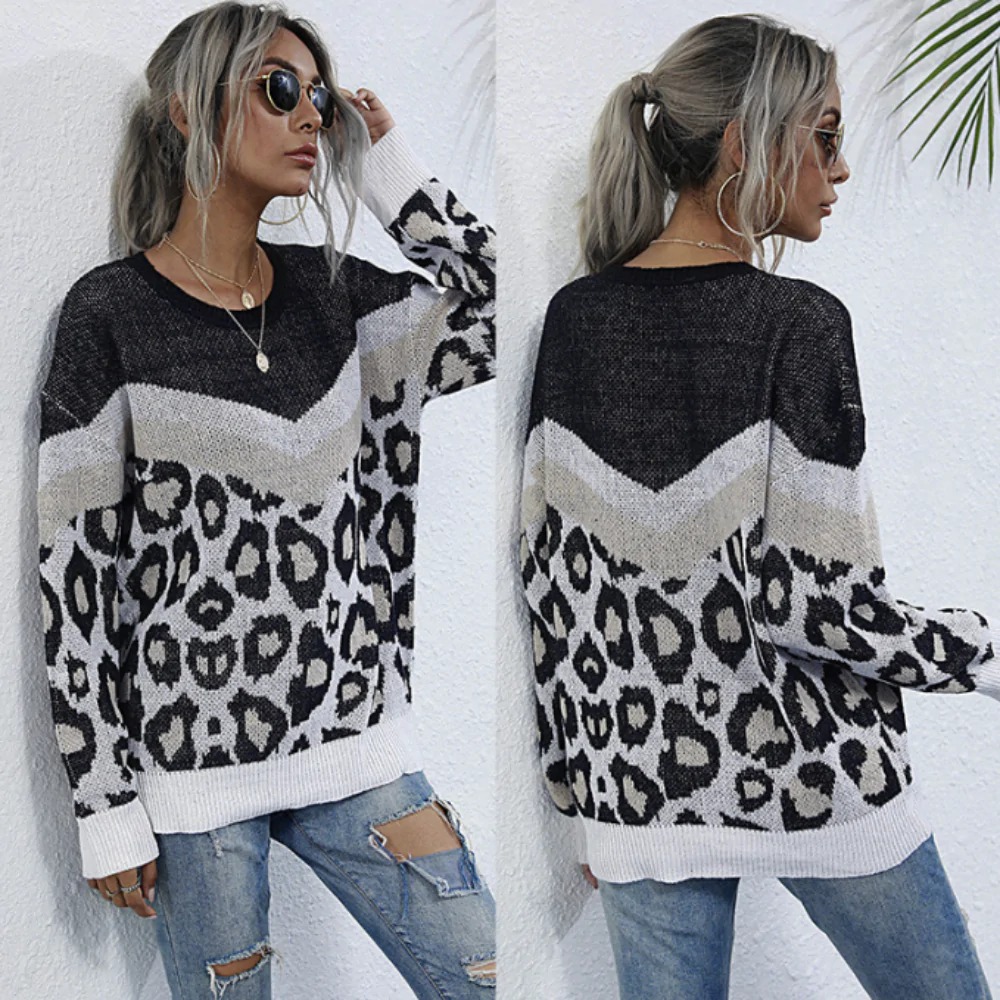 Womens Leopard Print Round Neck Sweater in gray, showcasing a stylish leopard print design and comfortable fit.