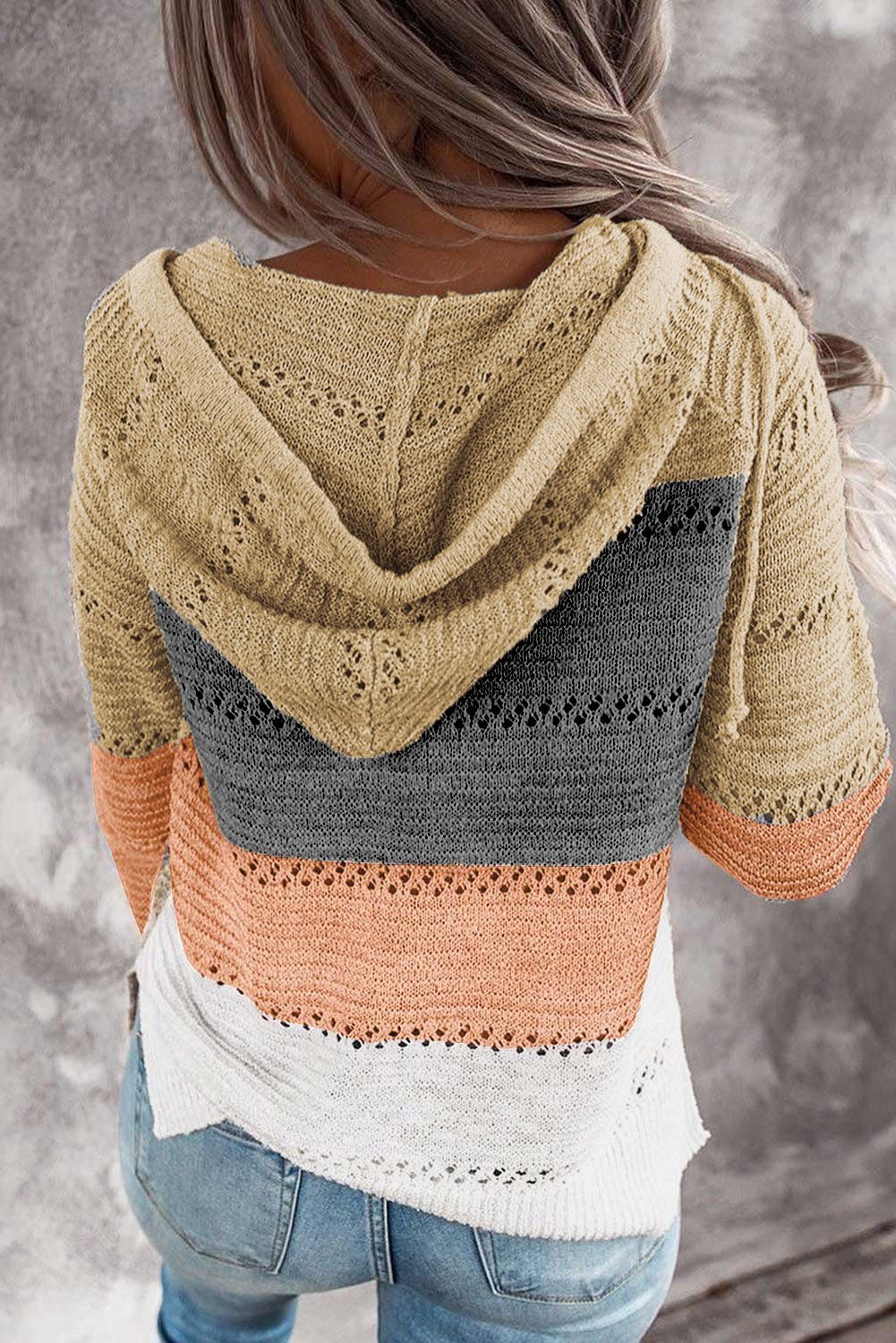 Womens Multicolor Zipped Front Colorblock Hollow-out Knit Hoodie showcasing vibrant colors and stylish design.