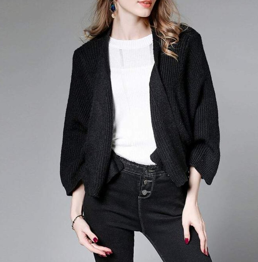 Womens Short Batwing Cardigan in red and black, showcasing its loose fit and stylish design.