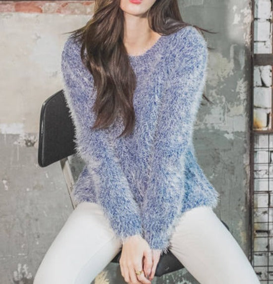Womens Short Dreamy Soft Sweater in a cozy, fuzzy fabric, showcasing its trendy cut and available sizes.