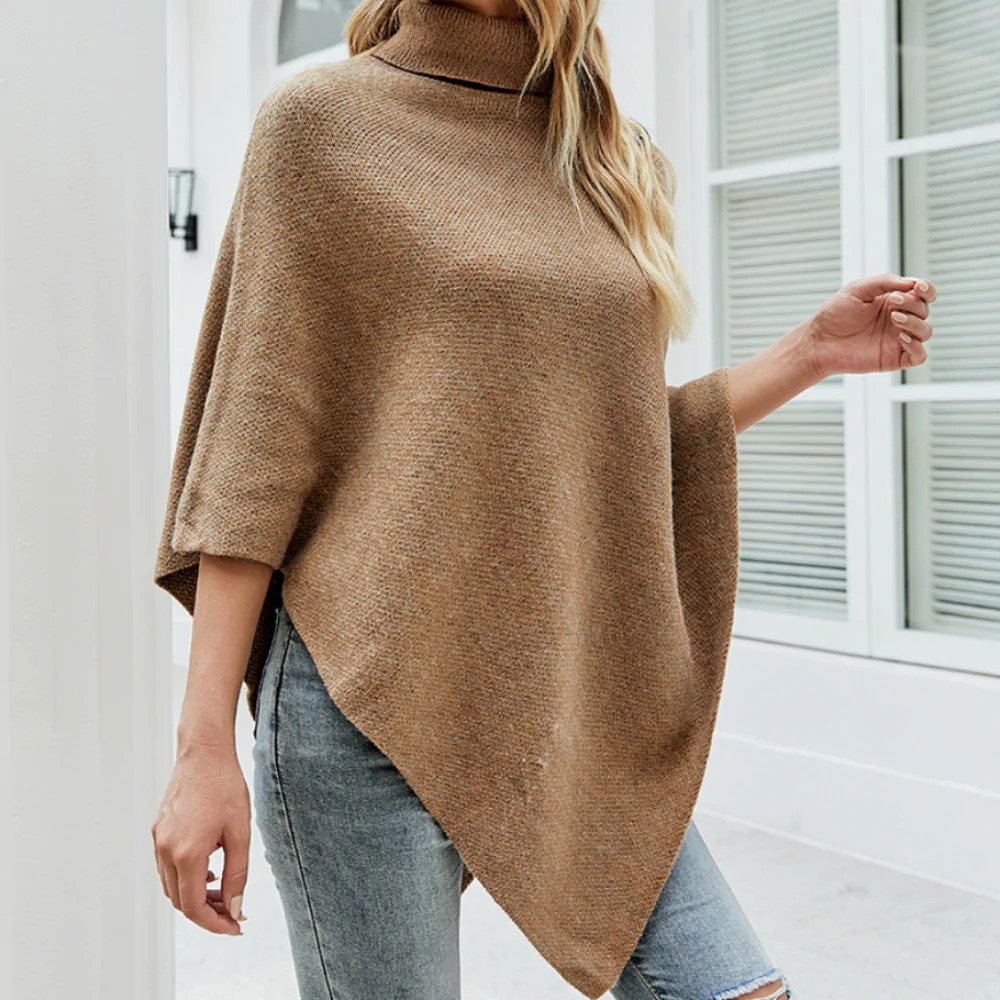 A stylish Womens Turtleneck Poncho in various colors with side buttons, showcasing its cozy design and elegant fit.