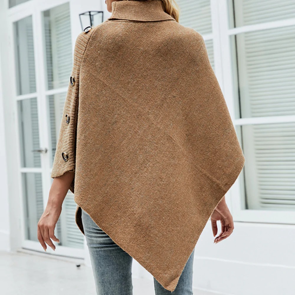 A stylish Womens Turtleneck Poncho in various colors with side buttons, showcasing its cozy design and elegant fit.