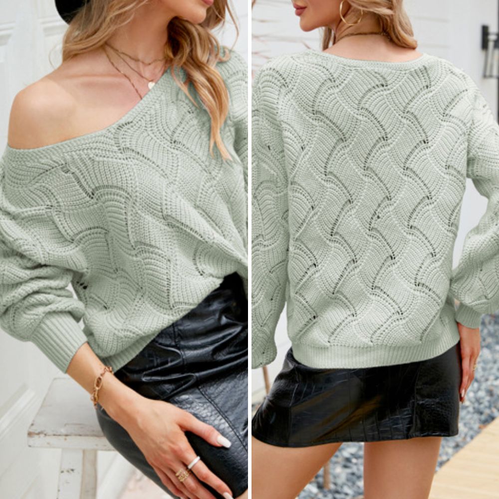 A stylish Women's V-Neck Open Knit Sweater in green, showcasing a wavy pattern and open knit design.