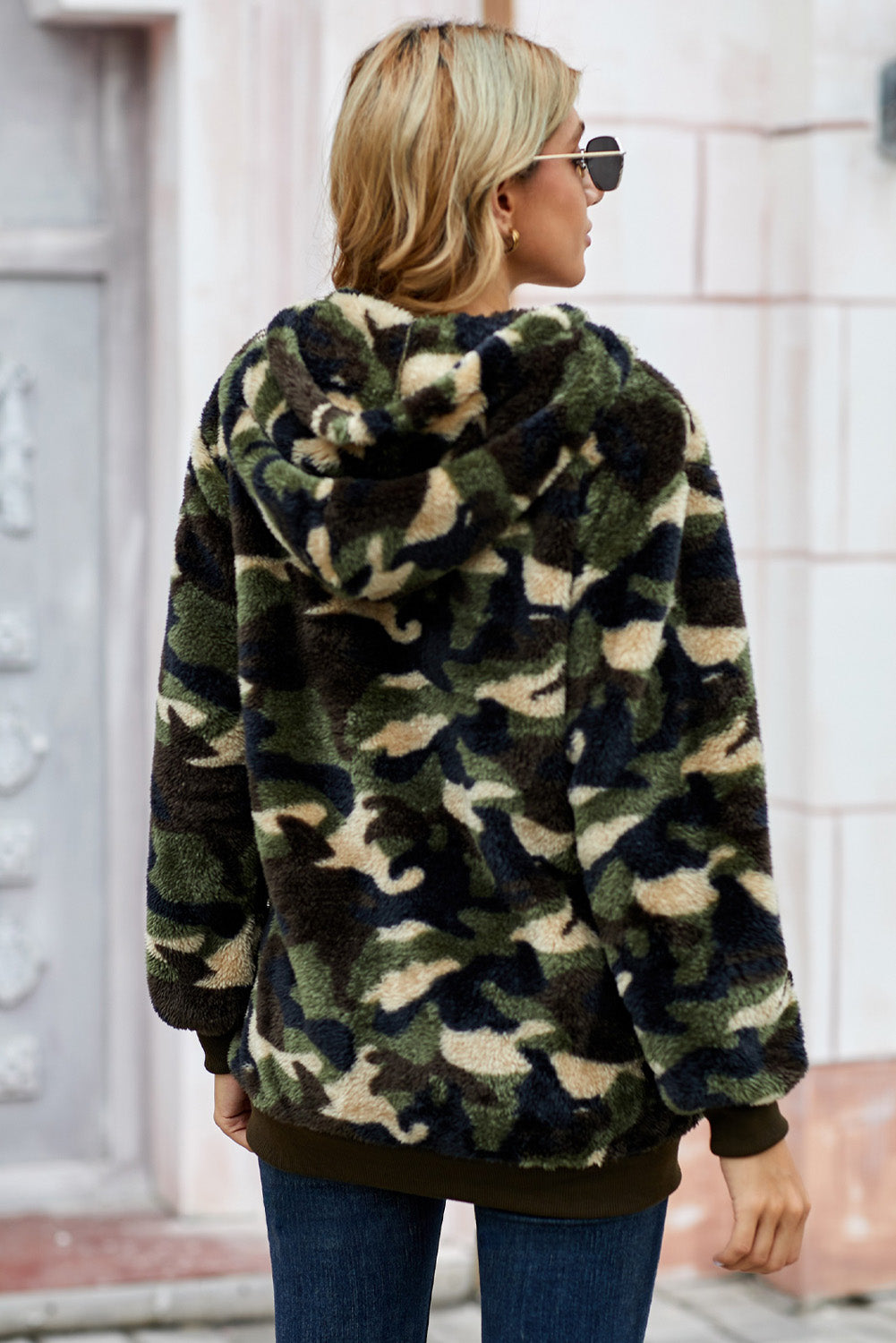 Women's Winter Green Camo Print Warm Furry Pullover Hoodie featuring a cozy design with a hood and pockets.