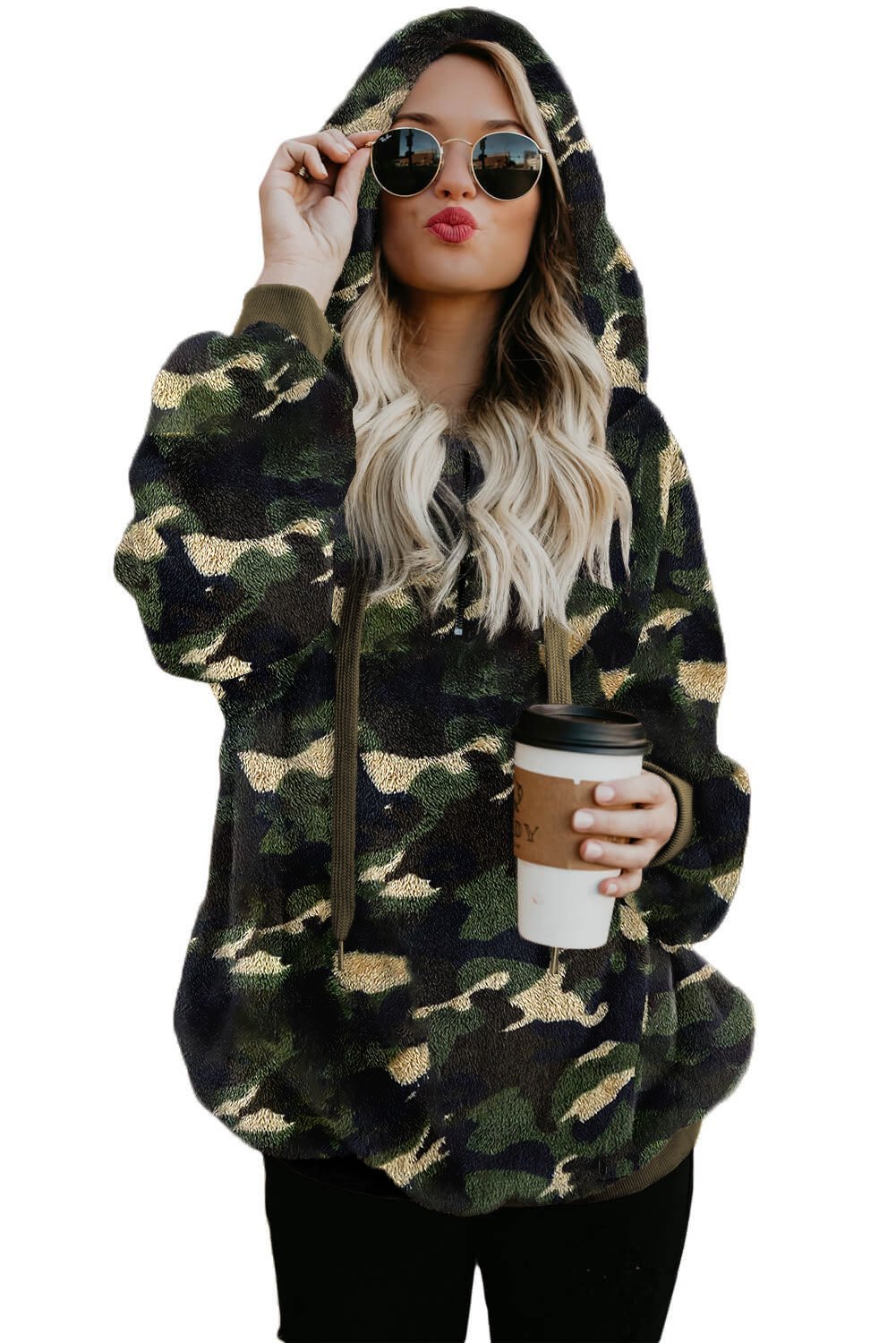 Women's Winter Green Camo Print Warm Furry Pullover Hoodie featuring a cozy design with a hood and pockets.
