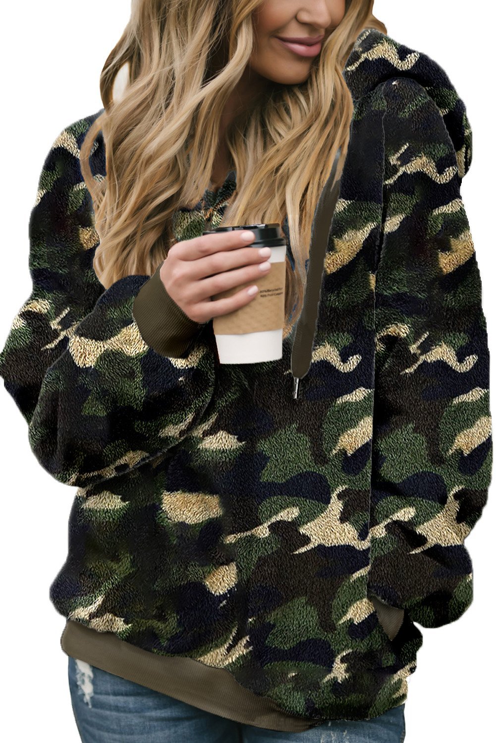 Women's Winter Green Camo Print Warm Furry Pullover Hoodie featuring a cozy design with a hood and pockets.