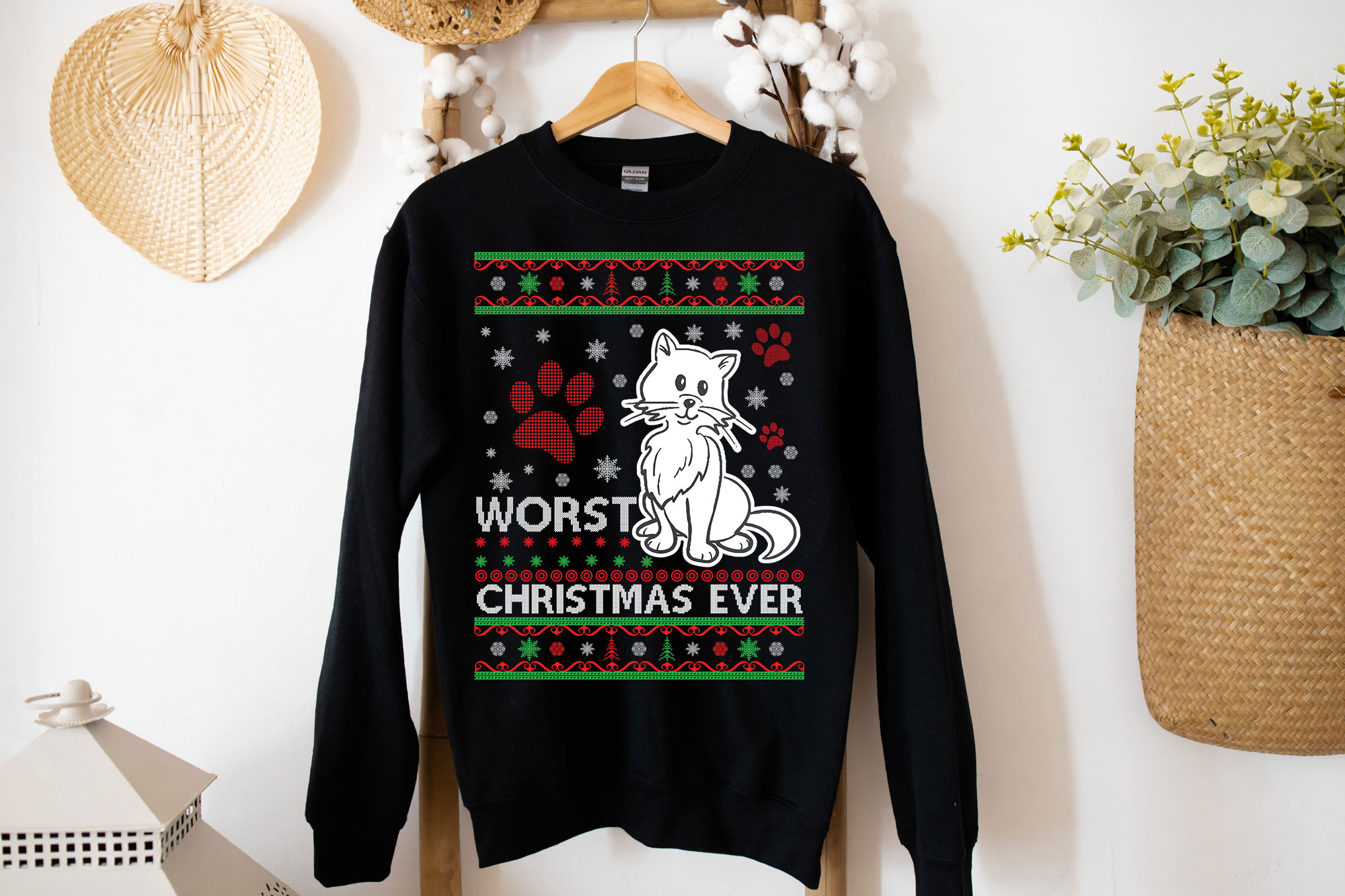 A cozy Gildan crewneck sweatshirt featuring a humorous cat design for Christmas celebrations.
