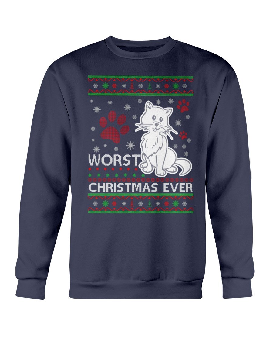 A cozy Gildan crewneck sweatshirt featuring a humorous cat design for Christmas celebrations.