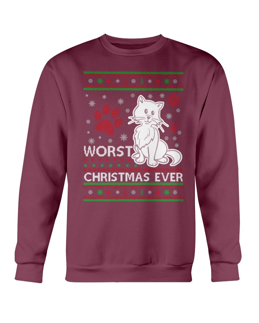 A cozy Gildan crewneck sweatshirt featuring a humorous cat design for Christmas celebrations.
