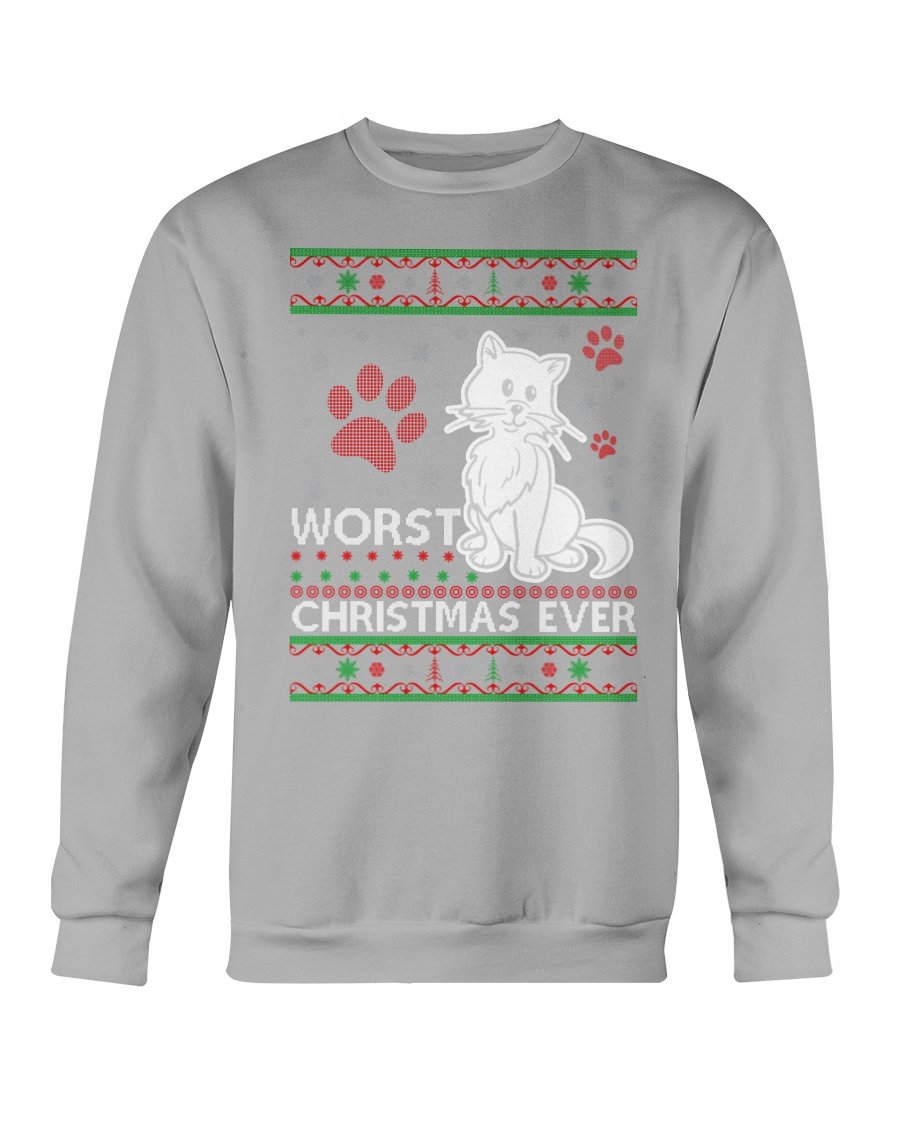 A cozy Gildan crewneck sweatshirt featuring a humorous cat design for Christmas celebrations.