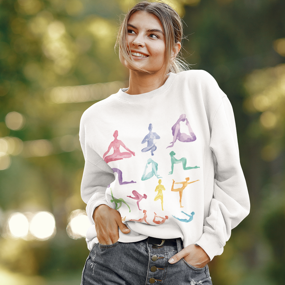 Yoga Theme Crewneck Sweatshirt in a soft fabric blend, featuring a loose fit design, perfect for yoga and casual wear.