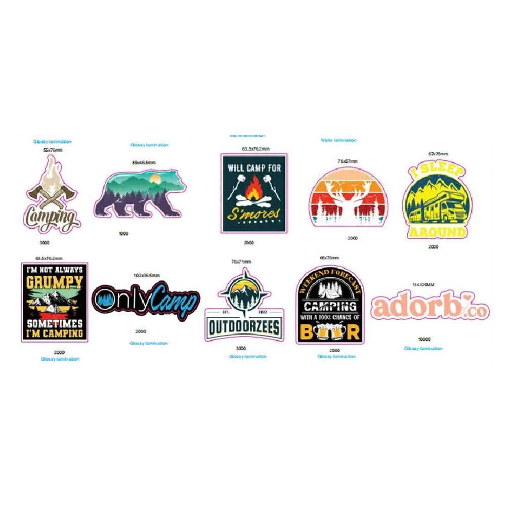 A vibrant pack of 20 waterproof decals featuring camping and hiking themes, showcasing various outdoor designs suitable for personalizing gear.