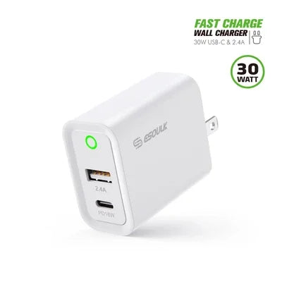 20W Wall Adapter Fast Power Delivery in white color with USB-C and USB-A ports for charging devices.